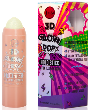 J.Cat Beauty 3D Glow Pop Holo Stick w różowym sztyfcie z opalizującą końcówką, obok kolorowego opakowania. Przód.