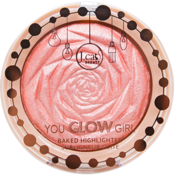 J.Cat Beauty You Glow Girl Baked Highlighter Crimson Gleam, okrągły rozświetlacz z różanym wzorem, otoczony dekoracyjnym brzegiem.