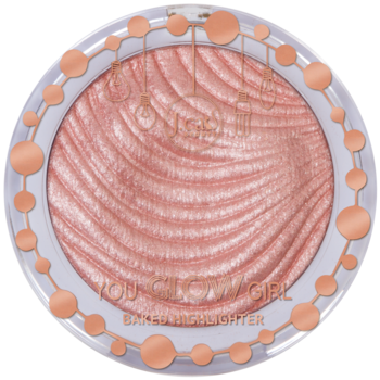 Rozświetlacz J.Cat Beauty You Glow Girl Pink Goddess, wypiekany, różowo-złoty, z falistym wzorem i błyszczącym wykończeniem.