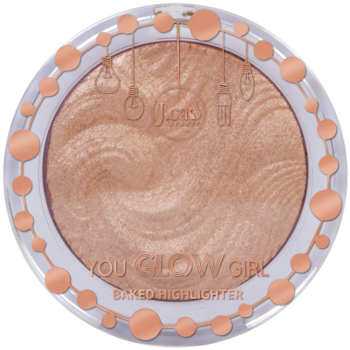 J.Cat Beauty You Glow Girl Twilight, pieczony rozświetlacz, beżowo-złoty, w białej puderniczce z kulkowym rantem.