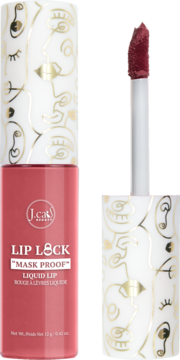 J.Cat Beauty Lip Lock Mask Proof, matowa płynna pomadka w odcieniu różu, otwarta z aplikatorem.