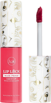 J.Cat Beauty Lip Lock Mask Proof matowa pomadka w płynie, tuba w kolorze fuksji, otwarta, z aplikatorem. Złote wzory.