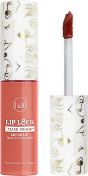 J.Cat Beauty Lip Lock Mask Proof, matowa pomadka w płynie, otwarta. Koralowy kolor, biały aplikator, zdobiony korek.