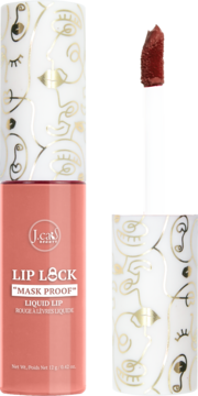 J.Cat Beauty Lip Lock, matowa pomadka płynna Introvert. Beżowe opakowanie z białym wieczkiem, widoczny aplikator.