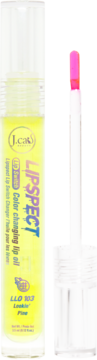 J.Cat Beauty Lipspect Color Changing Lip Oil Lookin' Pine. Żółty olejek w tubce z wysuniętym różowym aplikatorem, widok z przodu.