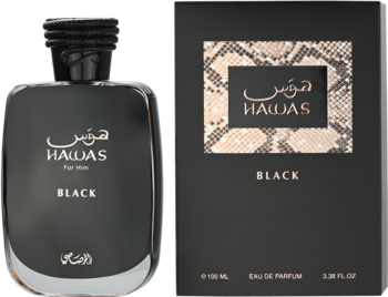 Rasasi Hawas Black męska woda perfumowana: czarna butelka i pudełko z wężowym wzorem, widok z przodu.