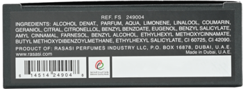 Tył czarnego opakowania wody perfumowanej Rasasi Shuhrah Pour Homme. Widoczny pełny skład, kod kreskowy, dane producenta z Dubai, U.A.E.