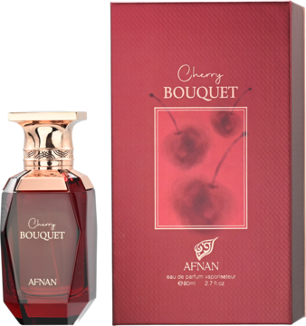 Aftan Cherry Bouquet damska woda perfumowana o owocowym zapachu. Ciemnoczerwona butelka i kartonik z wiśniami.