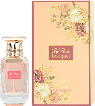 Afnan La Fleur Bouquet damska woda perfumowana. Butelka i pudełko z kwiatowym wzorem, widok z przodu.