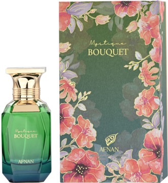 Afnan Mystique Bouquet woda perfumowana unisex, zielona butelka ze złotym korkiem obok pudełka z kwiatami.