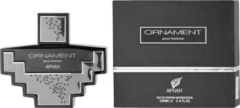 Afnan Ornament Pour Homme EDP: czarna butelka o geometrycznym kształcie i pudełko ze srebrnym napisem.