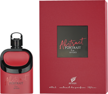 Afnan Portrait Abstract woda perfumowana unisex. Czerwona butelka z czarną etykietą obok eleganckiego pudełka.