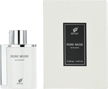 Biała butelka i pudełko Afnan Pure Musk woda perfumowana unisex 100ml, widok z przodu.