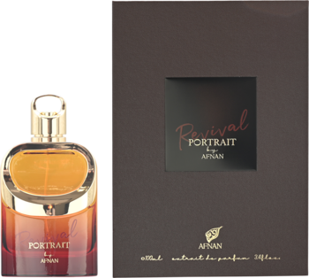 Afnan Portrait Revival unisex perfumy w bursztynowej butelce ze złotym korkiem, obok eleganckie ciemne pudełko.