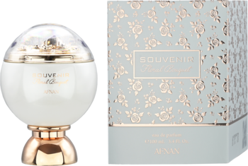 Afnan Souvenir Floral Bouquet damska woda perfumowana: biała butelka i jasne pudełko z wzorem złotych róż.