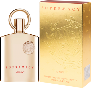 Afnan Supremacy Gold woda perfumowana: złota butelka z ozdobnym medalionem i pudełko z wzorem, prosto.