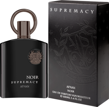 Afnan Supremacy Noir, czarny, matowy flakon EDP i teksturowane pudełko z wytłaczanym logo, widok pod kątem.
