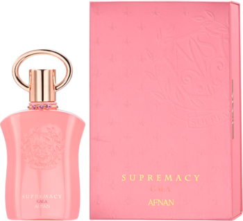 Afnan Supremacy Gala damska woda perfumowana. Różowa, rzeźbiona butelka ze złotym korkiem, obok zdobionego pudełka.
