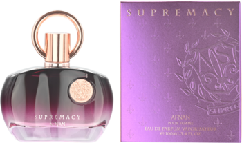 Afnan Supremacy Purple woda perfumowana, butelka z gradientem i miedzianym korkiem oraz fioletowe pudełko, widok z przodu.