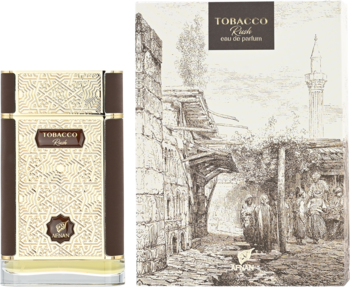 Afnan Tobacco Rush EDP unisex: złoty flakon z brązowymi akcentami i ozdobne pudełko z orientalną ilustracją.