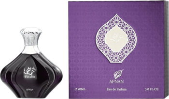 Afnan Turathi Purple Femme woda perfumowana: ciemnofioletowa butelka o falistym kształcie i ozdobne purpurowe pudełko.