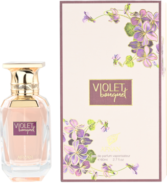 Afnan Violet Bouquet damska woda perfumowana, różowa butelka ze złotą zakrętką, obok pudełko w fioletowe kwiaty.