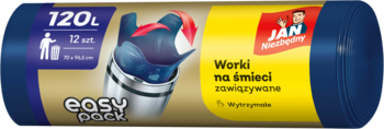 Rolka niebieskich worków na śmieci Jan Niezbędny Easy Pack 120L, 12 sztuk, zawiązywane, z ikoną kosza.