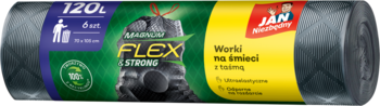 Szare worki na śmieci Jan Niezbędny Magnum Flex&Strong 120L (6 szt.) z taśmami, w roli, przód.