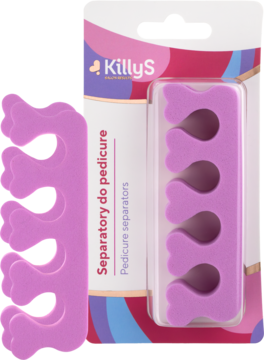 Dwa purpurowe separatory do pedicure KillyS z miękkiej pianki, jeden w opakowaniu, drugi luzem, widok z przodu.