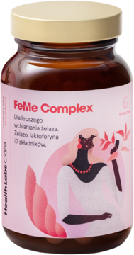 FeMe Complex, suplement diety na żelazo, brązowy słoik, złote wieczko, różowa etykieta z grafiką kobiety. Widok z przodu.