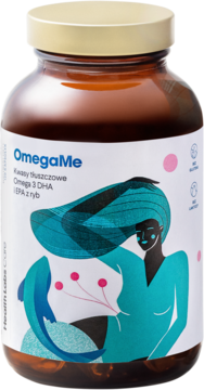 OmegaMe Kwasy tłuszczowe Omega 3 EPA i DHA suplement diety, brązowa butelka z barwną etykietą, widok z przodu.