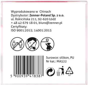 Tył opakowania silikonowej myjki do twarzy Ewa Schmitt z kodem kreskowym i informacjami o dystrybutorze.
