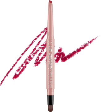 Kremowa konturówka J. Cat Beauty Garnet Red z pędzelkiem, pionowo na czarnym tle z rozmazanym czerwonym swatchem.