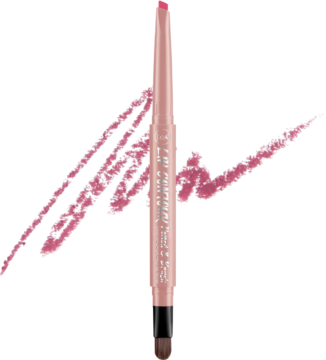 J. Cat Beauty, kremowa konturówka do ust Rose Pink z pędzelkiem, ukośnie, z różowymi swatchami.