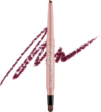 J. Cat Beauty Lip Runner, kremowa konturówka w odcieniu Scarlet Berry Red z pędzelkiem, obok smugi koloru.