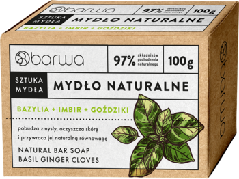 Barwa mydło naturalne bazylia, imbir, goździki w beżowym pudełku z liśćmi bazylii, widok z przodu.