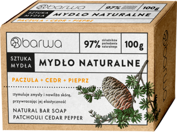 Barwa Mydło Naturalne Paczula Cedr Pieprz, 100g, w beżowo-białym kartoniku z grafiką cedru.
