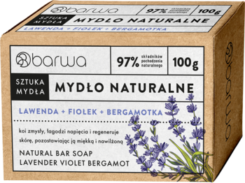 Barwa mydło naturalne lawenda, fiołek, bergamotka w brązowym pudełku z ilustracją lawendy, widok z przodu.
