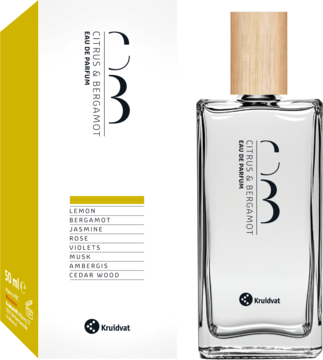 Kruidvat Citrus & Bergamot Eau de Parfum 50ml, butelka obok białego pudełka z żółtym bokiem, widok z przodu.