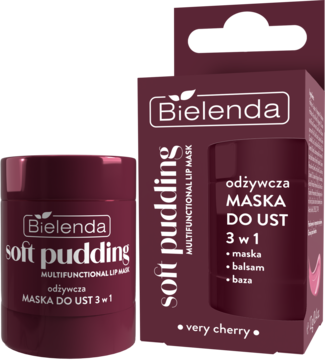 Ciemnoczerwony słoiczek i pudełko Bielenda Soft Pudding Very Cherry, maska do ust 3w1, widok pod kątem.