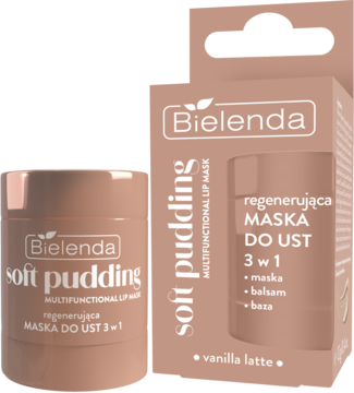 Beżowa maska do ust Bielenda Soft Pudding Vanilla Latte 3w1 w słoiku, z pudełkiem w tle, widok z przodu.