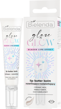 Bielenda Glaze & Glow nawilżająco-rozświetlający lip butter balm w białej tubce obok pudełka, widok z przodu.