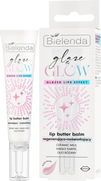 Bielenda Glaze & Glow regenerujący balsam do ust w białej tubce i pudełku, z efektem szklistych, różowych ust.