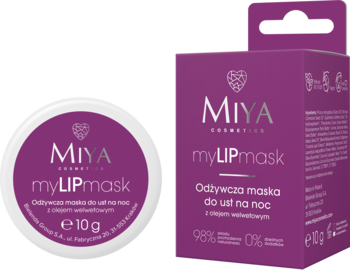 Miya myLIPmask, odżywcza maska do ust na noc. Biały pojemnik 10g i fioletowe pudełko Miya Cosmetics.