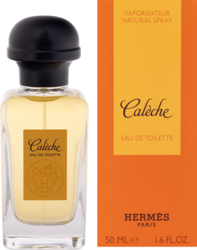 Hermès Calèche woda toaletowa 50 ml, szklana butelka ze złotą etykietą i pomarańczowe pudełko obok.