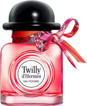 Twilly d'Hermès Eau Poivrée, różowy flakon z czarnym korkiem-melonikiem i wstążką, zapach szyprowo-kwiatowy.