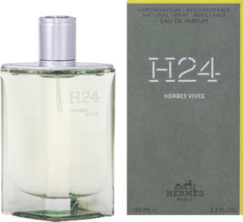 H24 Herbes Vives męska woda perfumowana, butelka z srebrnym korkiem, obok ciemnozielony kartonik 100ml.