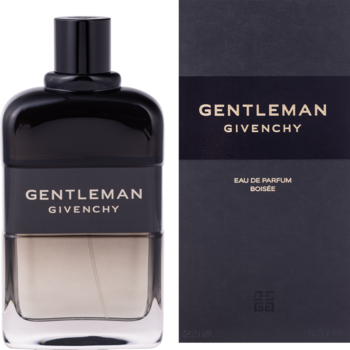 Givenchy Gentleman Boisee EDP: elegancki flakon z czarną nakrętką obok ciemnego pudełka, widok z przodu.