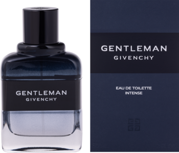 Givenchy Gentleman Intense męska woda toaletowa, ciemna butelka z niebieskim płynem i pasujące pudełko, widok frontalny.