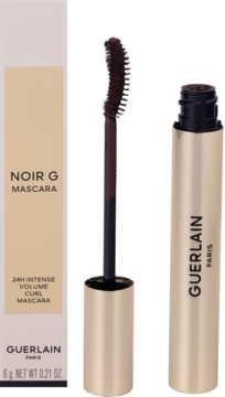 Guerlain Noir G Mascara, brązowy tusz do rzęs w złotej tubce z wyjętą szczoteczką, obok beżowe pudełko.